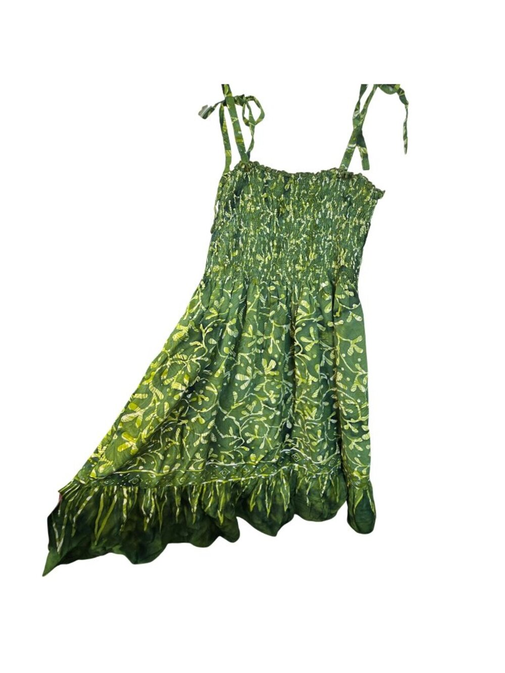 Girls Green Batik Sundress With Smocked Bodice & Tie Straps Garden Fun JJ4311